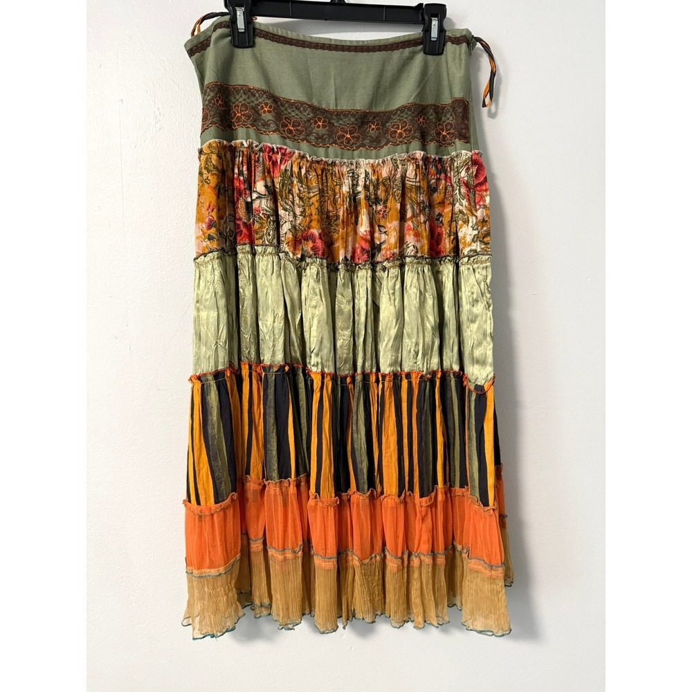 Alberto Makali Womens Tiered Midi Skirt Floral Striped Boho Green Orange Size 12